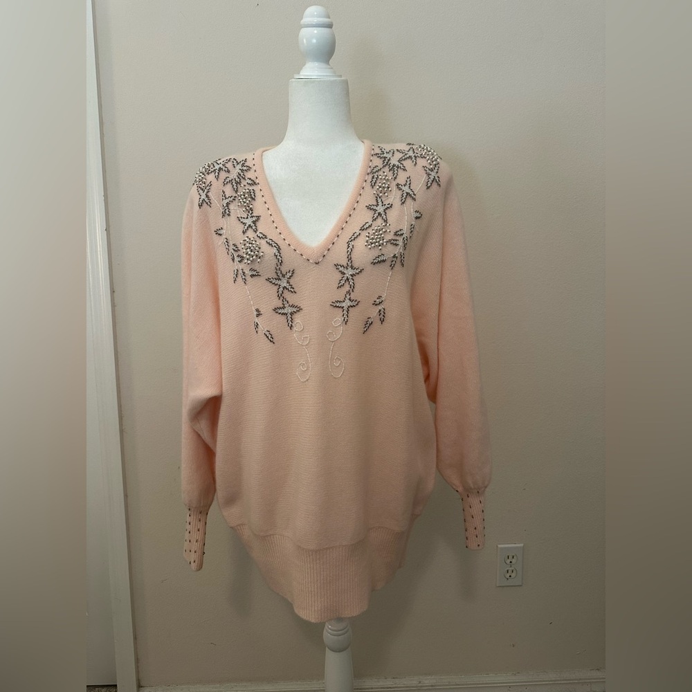 Vtg Marisa Christina Light Pink Lambswool Angora Sweater Sz L Beaded Pearls Cozy